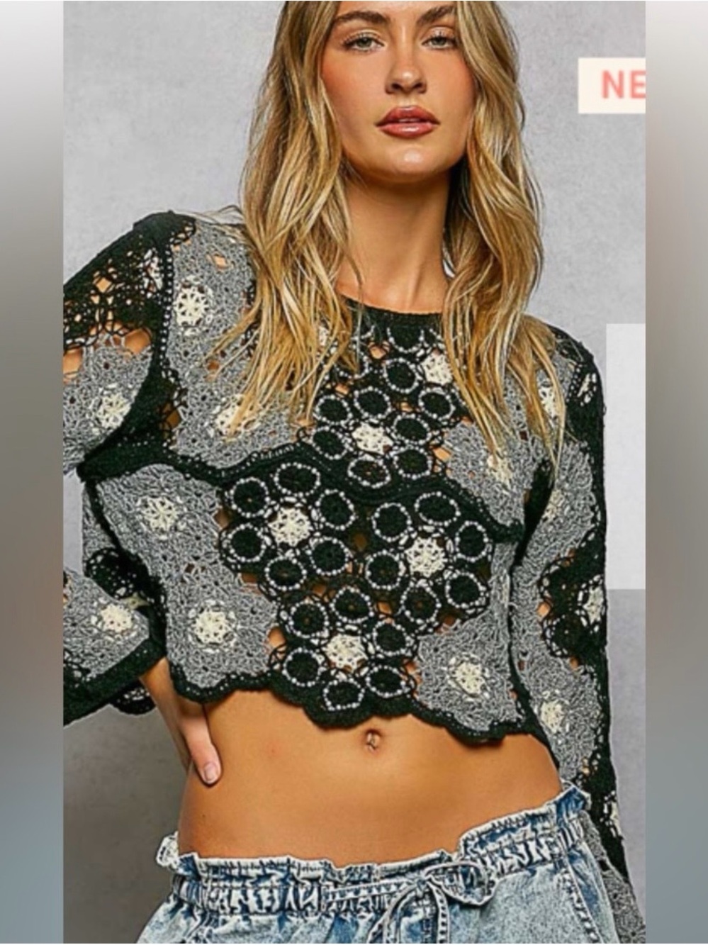 POL Black and Gray Crochet and Beaded Crop Top
